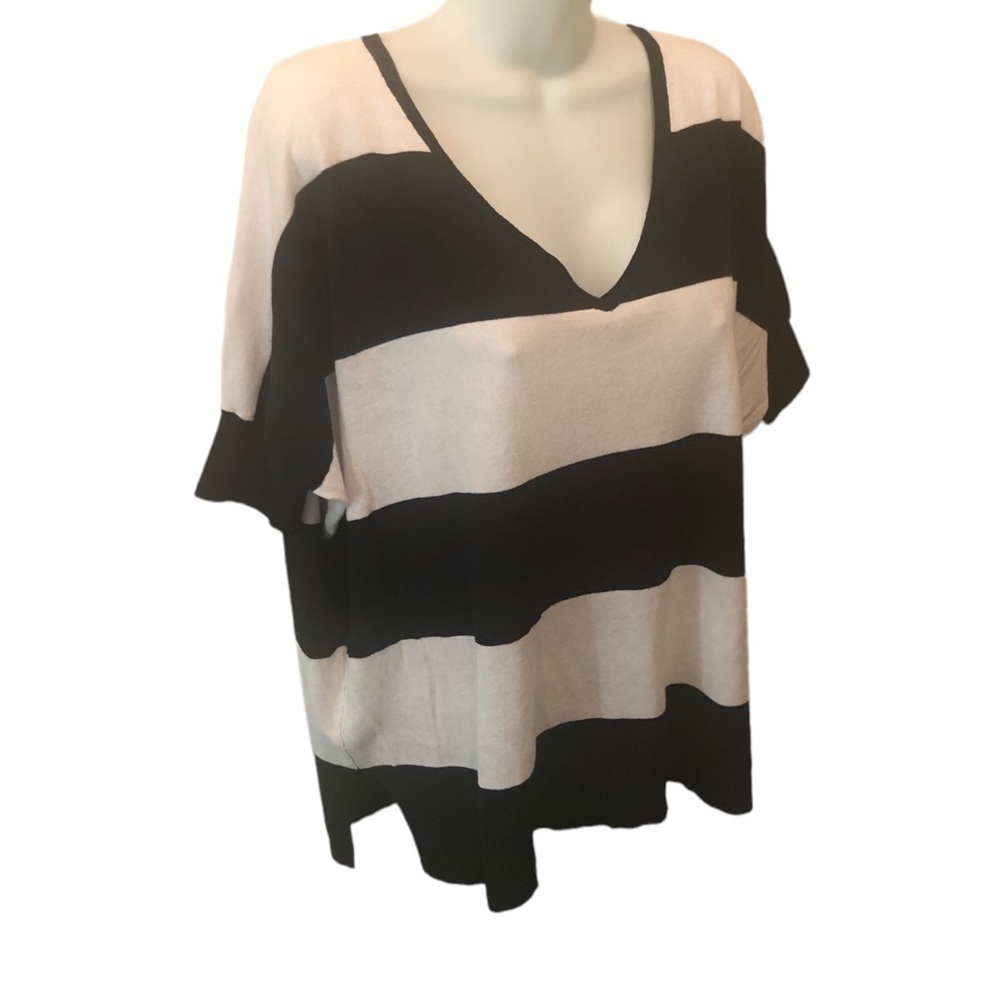 Minnie Rose Saks Fifth Ave Rugby Striped Light V~Neck Sweater M/L Navy White SS